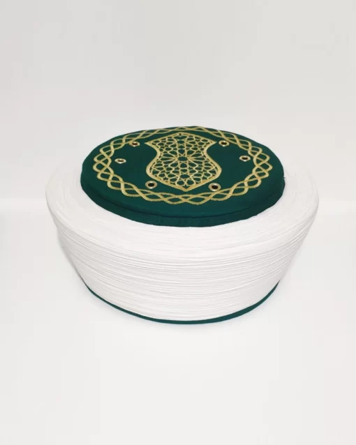 Buyuk Nalini Serif Desenli Yesil Takkeye Beyaz Duz Imam Sarigi 3 1